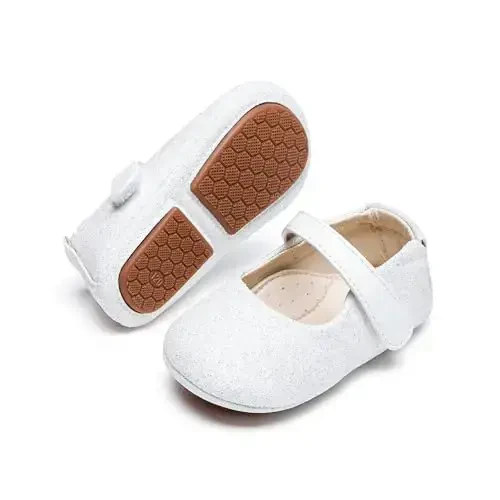PHIRAMIN Baby Girls Mary Jane Flats - Infant Newborn Walking Shoes Soft Rubber Sole Princess Wedding - 1