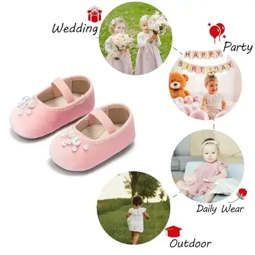 PHIRAMIN Baby Girls Mary Jane Flats - Infant Newborn Walking Shoes Soft Rubber Sole Princess Wedding - 4