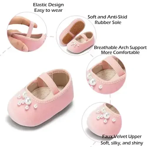 PHIRAMIN Baby Girls Mary Jane Flats - Infant Newborn Walking Shoes Soft Rubber Sole Princess Wedding - 5