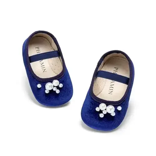 PHIRAMIN Baby Girls Mary Jane Flats - Infant Newborn Walking Shoes Soft Rubber Sole Princess Wedding - 6