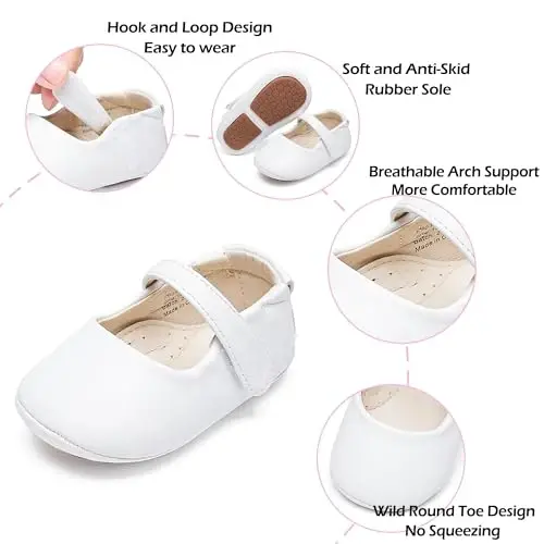 PHIRAMIN Baby Girls Mary Jane Flats - Infant Newborn Walking Shoes Soft Rubber Sole Princess Wedding - 4