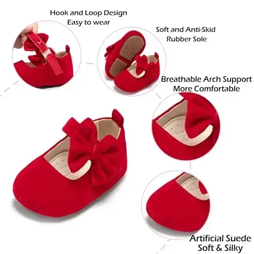 PHIRAMIN Baby Girls Mary Jane Flats - Infant Newborn Walking Shoes Soft Rubber Sole Princess Wedding - 5