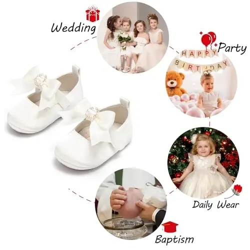 PHIRAMIN Baby Girls Mary Jane Flats - Infant Newborn Walking Shoes Soft Rubber Sole Princess Wedding - 4