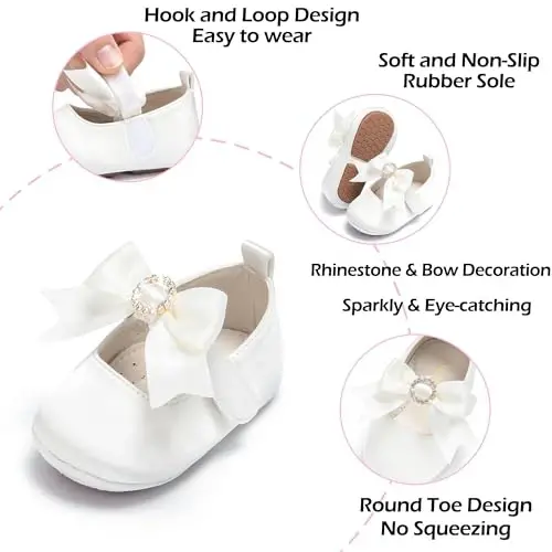 PHIRAMIN Baby Girls Mary Jane Flats - Infant Newborn Walking Shoes Soft Rubber Sole Princess Wedding - 5