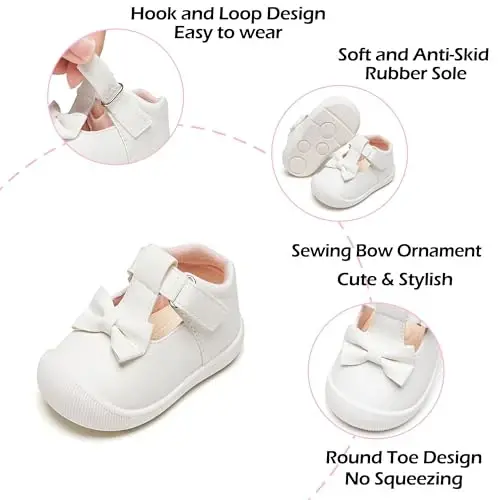 PHIRAMIN Baby Girls Mary Jane Flats - Infant Newborn Walking Shoes Soft Rubber Sole Princess Wedding - 10
