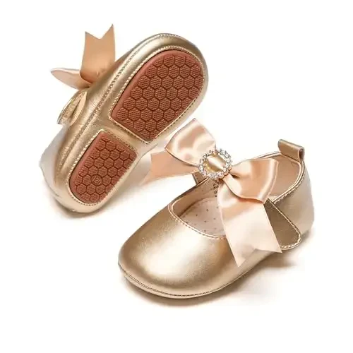 PHIRAMIN Baby Girls Mary Jane Flats - Infant Newborn Walking Shoes Soft Rubber Sole Princess Wedding 