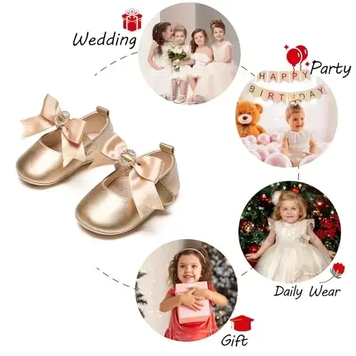 PHIRAMIN Baby Girls Mary Jane Flats - Infant Newborn Walking Shoes Soft Rubber Sole Princess Wedding - 4