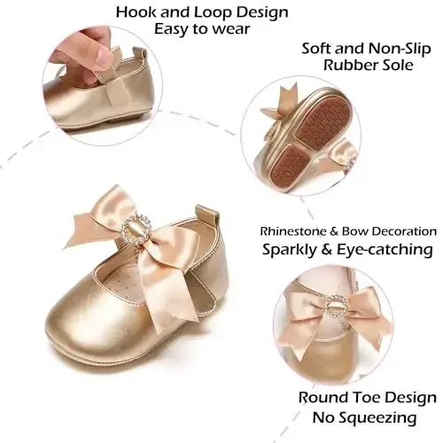 PHIRAMIN Baby Girls Mary Jane Flats - Infant Newborn Walking Shoes Soft Rubber Sole Princess Wedding - 5