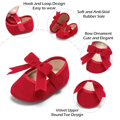 PHIRAMIN Baby Girls Mary Jane Flats - Infant Newborn Walking Shoes Soft Rubber Sole Princess Wedding - 5