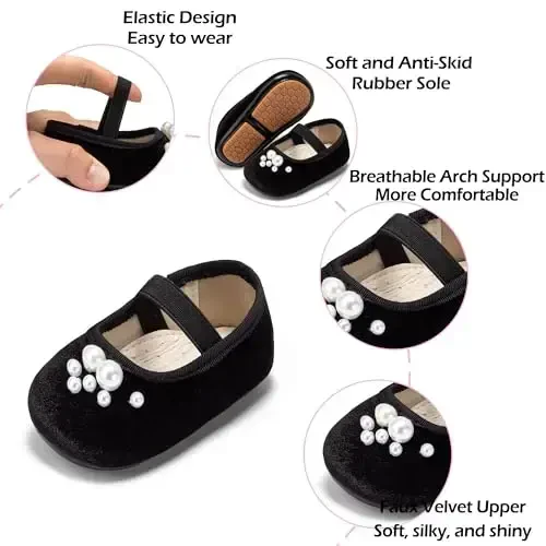 PHIRAMIN Baby Girls Mary Jane Flats - Infant Newborn Walking Shoes Soft Rubber Sole Princess Wedding - 5