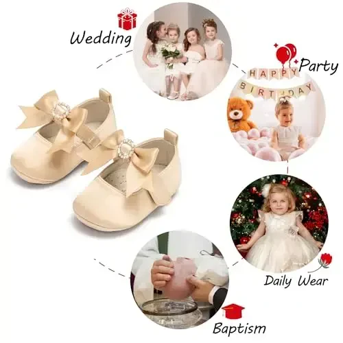 PHIRAMIN Baby Girls Mary Jane Flats - Infant Newborn Walking Shoes Soft Rubber Sole Princess Wedding - 4