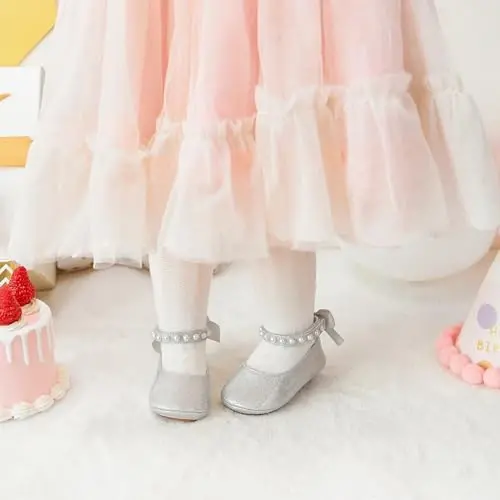 PHIRAMIN Baby Girls Mary Jane Flats - Infant Newborn Walking Shoes Soft Rubber Sole Princess Wedding - 3