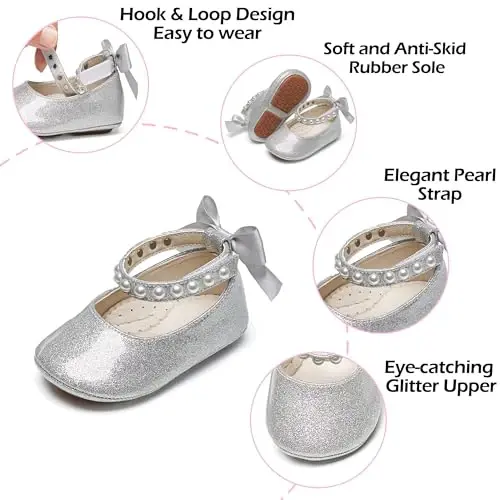 PHIRAMIN Baby Girls Mary Jane Flats - Infant Newborn Walking Shoes Soft Rubber Sole Princess Wedding - 5