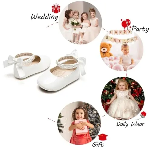PHIRAMIN Baby Girls Mary Jane Flats - Infant Newborn Walking Shoes Soft Rubber Sole Princess Wedding - 4