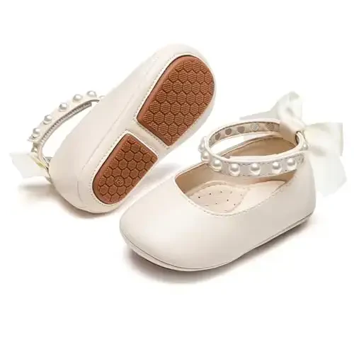 PHIRAMIN Baby Girls Mary Jane Flats - Infant Newborn Walking Shoes Soft Rubber Sole Princess Wedding - 1