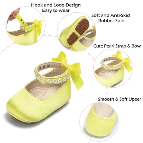 PHIRAMIN Baby Girls Mary Jane Flats - Infant Newborn Walking Shoes Soft Rubber Sole Princess Wedding - 5