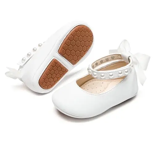 PHIRAMIN Baby Girls Mary Jane Flats - Infant Newborn Walking Shoes Soft Rubber Sole Princess Wedding - PHIRAMIN