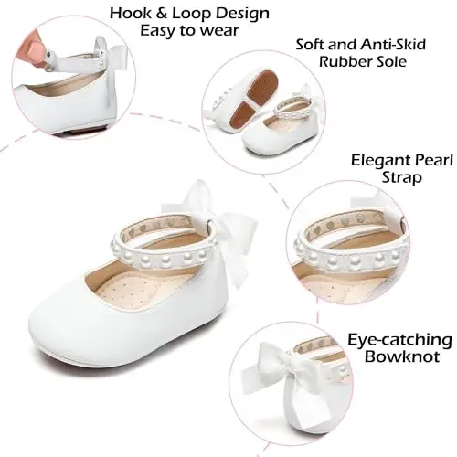 PHIRAMIN Baby Girls Mary Jane Flats - Infant Newborn Walking Shoes Soft Rubber Sole Princess Wedding - 5