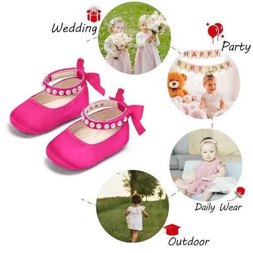 PHIRAMIN Baby Girls Mary Jane Flats - Infant Newborn Walking Shoes Soft Rubber Sole Princess Wedding - 4