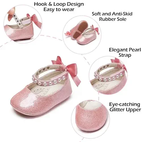 PHIRAMIN Baby Girls Mary Jane Flats - Infant Newborn Walking Shoes Soft Rubber Sole Princess Wedding - 5