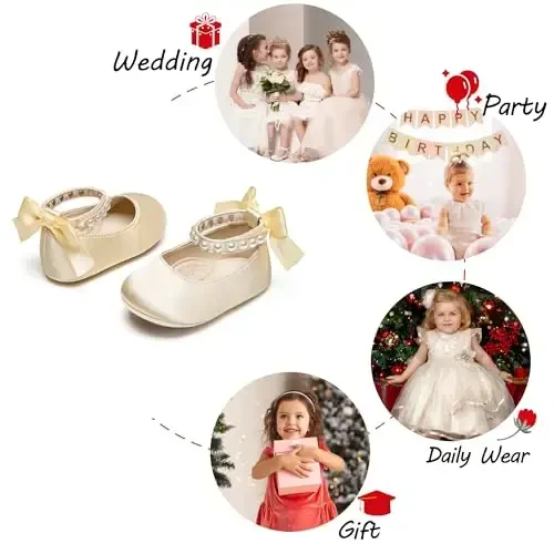 PHIRAMIN Baby Girls Mary Jane Flats - Infant Newborn Walking Shoes Soft Rubber Sole Princess Wedding - 4
