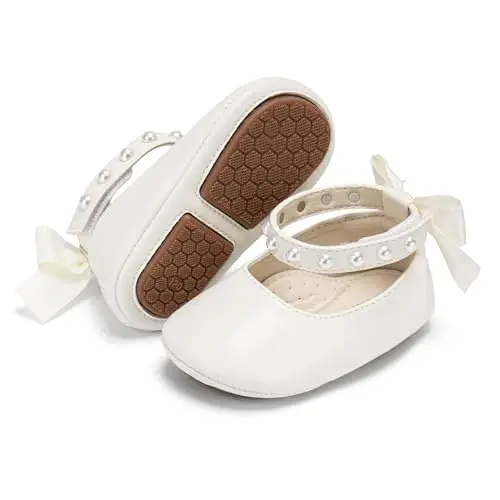 PHIRAMIN Baby Girls Mary Jane Flats - Infant Newborn Walking Shoes Soft Rubber Sole Princess Wedding - 1