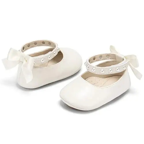 PHIRAMIN Baby Girls Mary Jane Flats - Infant Newborn Walking Shoes Soft Rubber Sole Princess Wedding - 3