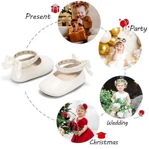 PHIRAMIN Baby Girls Mary Jane Flats - Infant Newborn Walking Shoes Soft Rubber Sole Princess Wedding - 4