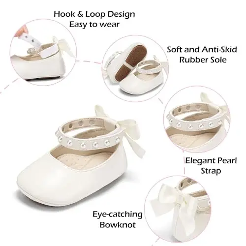 PHIRAMIN Baby Girls Mary Jane Flats - Infant Newborn Walking Shoes Soft Rubber Sole Princess Wedding - 5