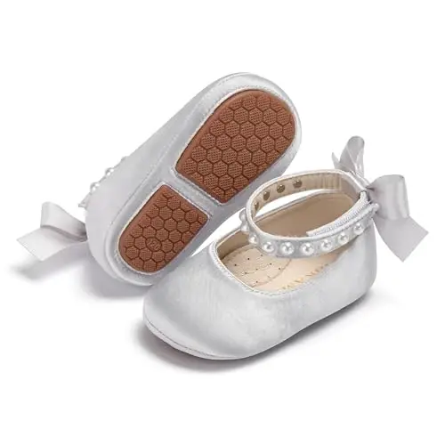 PHIRAMIN Baby Girls Mary Jane Flats - Infant Newborn Walking Shoes Soft Rubber Sole Princess Wedding 