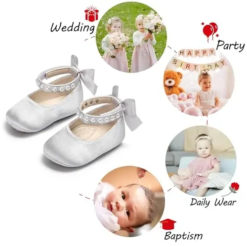PHIRAMIN Baby Girls Mary Jane Flats - Infant Newborn Walking Shoes Soft Rubber Sole Princess Wedding - 4