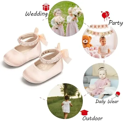 PHIRAMIN Baby Girls Mary Jane Flats - Infant Newborn Walking Shoes Soft Rubber Sole Princess Wedding - 4