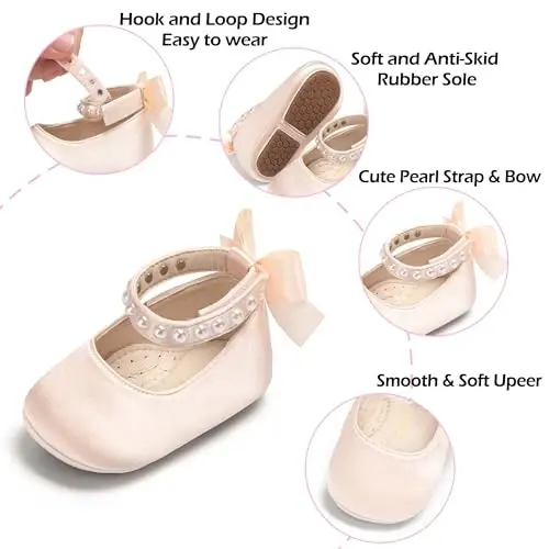 PHIRAMIN Baby Girls Mary Jane Flats - Infant Newborn Walking Shoes Soft Rubber Sole Princess Wedding - 5