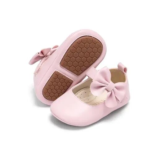 PHIRAMIN Baby Girls Mary Jane Flats - Infant Newborn Walking Shoes Soft Rubber Sole Princess Wedding - 1