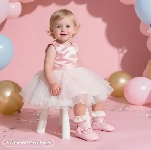 PHIRAMIN Baby Girls Mary Jane Flats - Infant Newborn Walking Shoes Soft Rubber Sole Princess Wedding - 2