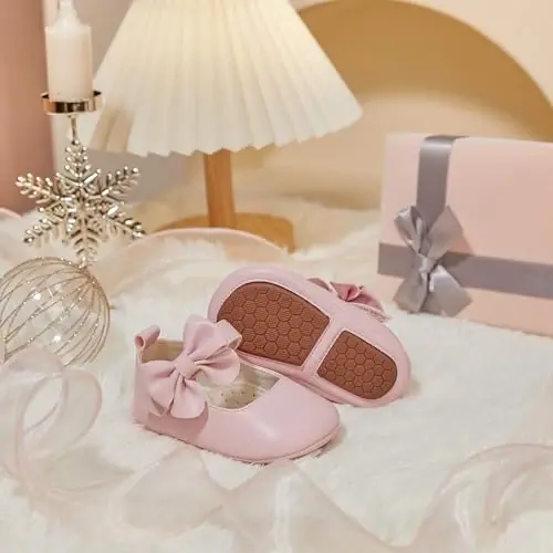 PHIRAMIN Baby Girls Mary Jane Flats - Infant Newborn Walking Shoes Soft Rubber Sole Princess Wedding - 3