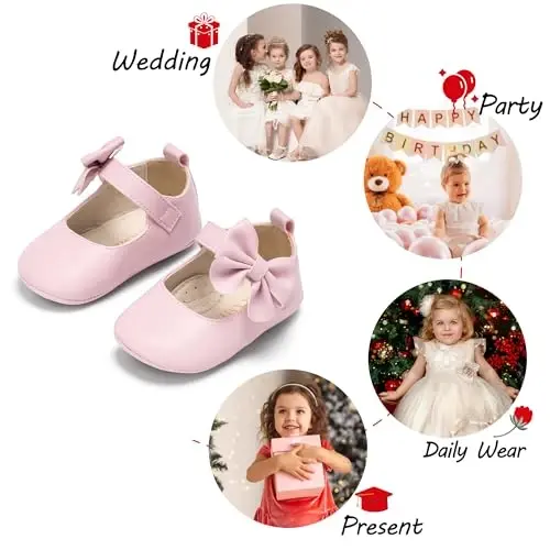 PHIRAMIN Baby Girls Mary Jane Flats - Infant Newborn Walking Shoes Soft Rubber Sole Princess Wedding - 4