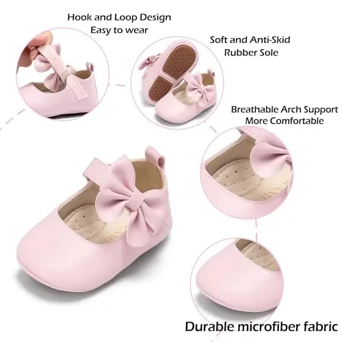 PHIRAMIN Baby Girls Mary Jane Flats - Infant Newborn Walking Shoes Soft Rubber Sole Princess Wedding - 5