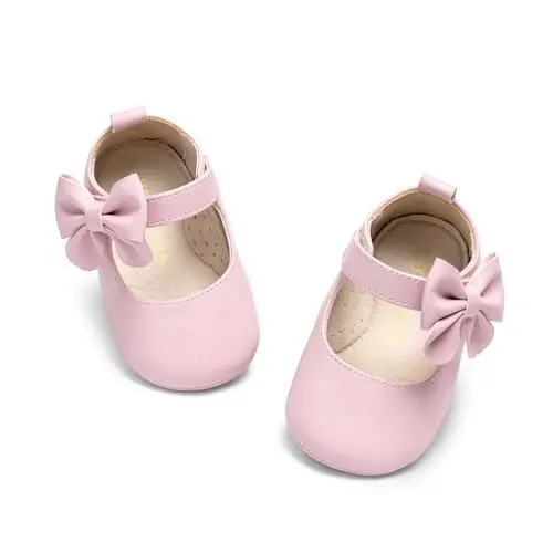 PHIRAMIN Baby Girls Mary Jane Flats - Infant Newborn Walking Shoes Soft Rubber Sole Princess Wedding - 6