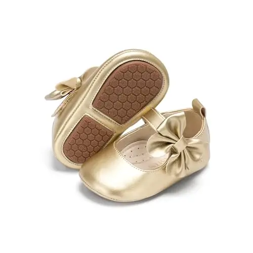 PHIRAMIN Baby Girls Mary Jane Flats - Infant Newborn Walking Shoes Soft Rubber Sole Princess Wedding - 1
