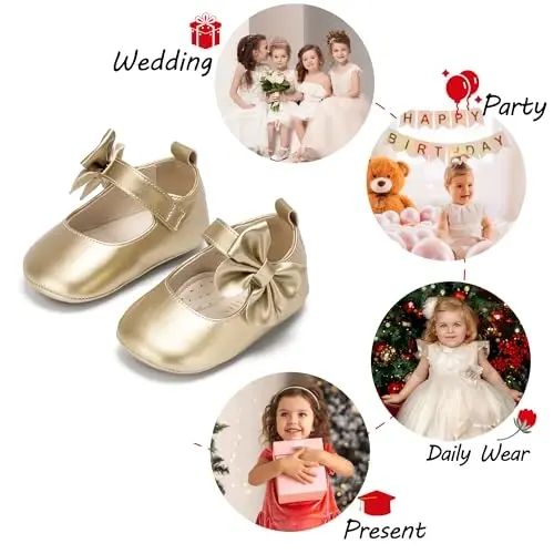 PHIRAMIN Baby Girls Mary Jane Flats - Infant Newborn Walking Shoes Soft Rubber Sole Princess Wedding - 4