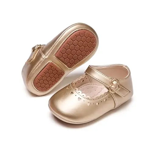 PHIRAMIN Baby Girls Mary Jane Flats - Infant Newborn Walking Shoes Soft Rubber Sole Princess Wedding - 1
