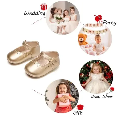PHIRAMIN Baby Girls Mary Jane Flats - Infant Newborn Walking Shoes Soft Rubber Sole Princess Wedding - 4