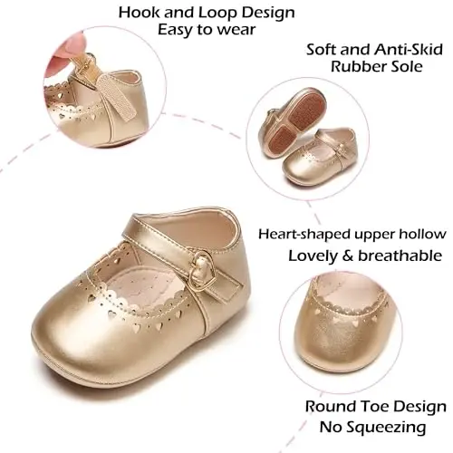 PHIRAMIN Baby Girls Mary Jane Flats - Infant Newborn Walking Shoes Soft Rubber Sole Princess Wedding - 5
