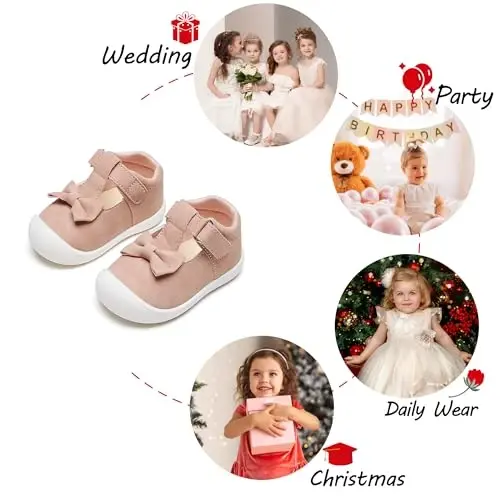 PHIRAMIN Baby Girls Mary Jane Flats - Infant Newborn Walking Shoes Soft Rubber Sole Princess Wedding - 5