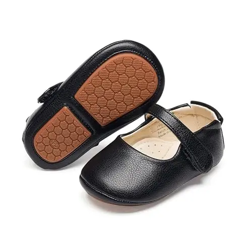 PHIRAMIN Baby Girls Mary Jane Flats - Infant Newborn Walking Shoes Soft Rubber Sole Princess Wedding - 1