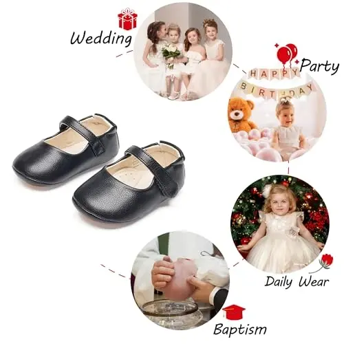 PHIRAMIN Baby Girls Mary Jane Flats - Infant Newborn Walking Shoes Soft Rubber Sole Princess Wedding - 4