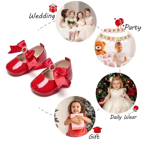 PHIRAMIN Baby Girls Mary Jane Flats - Infant Newborn Walking Shoes Soft Rubber Sole Princess Wedding - 4