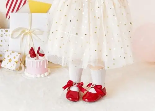 PHIRAMIN Baby Girls Mary Jane Flats - Infant Newborn Walking Shoes Soft Rubber Sole Princess Wedding - PHIRAMIN (1)