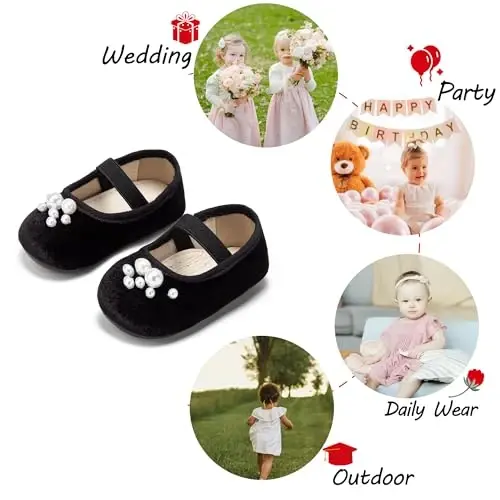 PHIRAMIN Baby Girls Mary Jane Flats - Infant Newborn Walking Shoes Soft Rubber Sole Princess Wedding - 4
